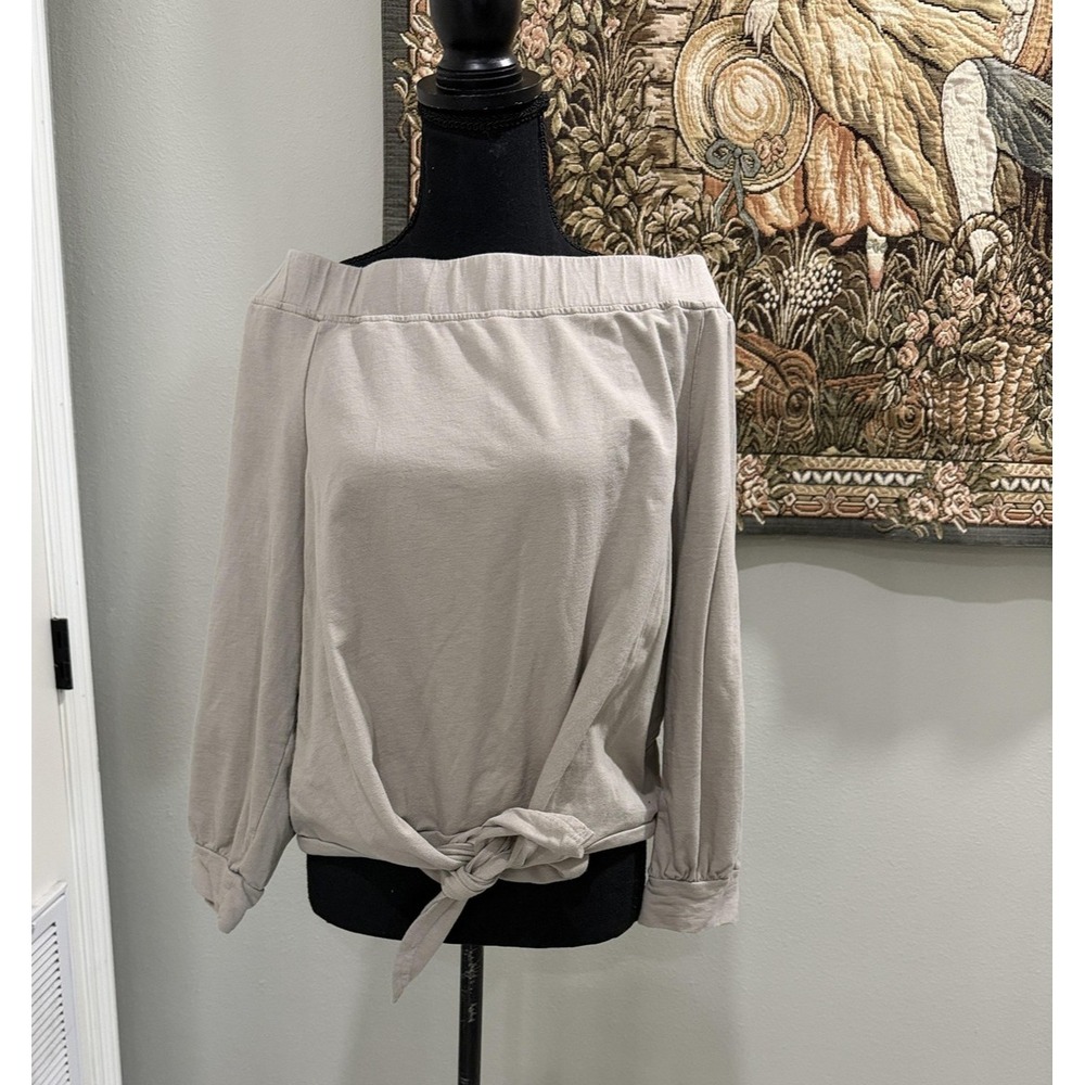 Essue Blouse Womens Large Beige Off Shoulder Tie Front Long Sleeve Cotton Jersey